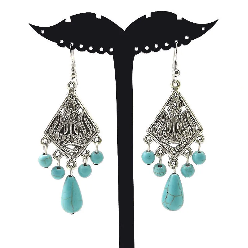 Wholesale Tibetan Nepal Ethnic Minority Vintage Miao Silver Turquoise Earrings