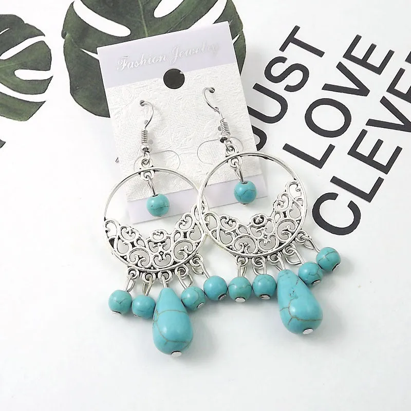 Wholesale Tibetan Nepal Ethnic Minority Vintage Miao Silver Turquoise Earrings