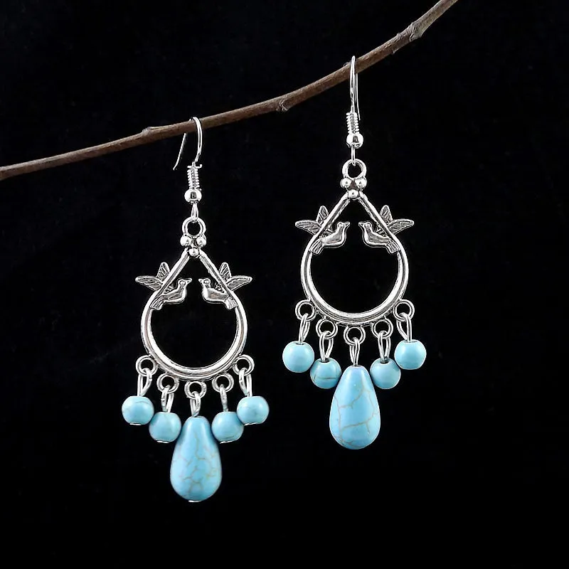 Wholesale Tibetan Nepal Ethnic Minority Vintage Miao Silver Turquoise Earrings