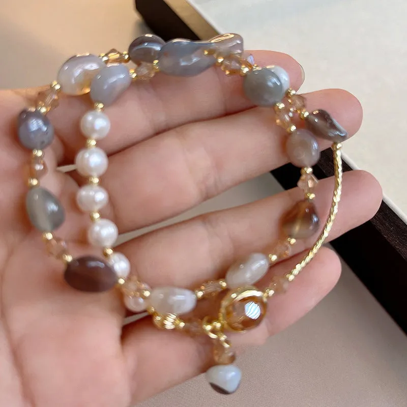 Wholesale Tide Elegant Pearl Crystal Jade Double Circle Bracelet Niche Personality Bracelet Fashion High Sense Bracelet
