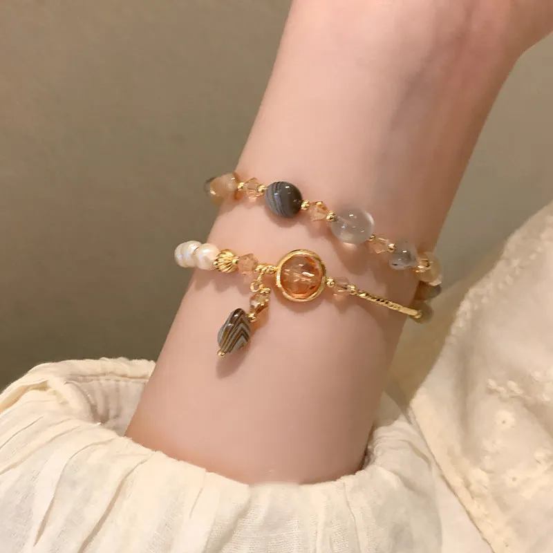 Wholesale Tide Elegant Pearl Crystal Jade Double Circle Bracelet Niche Personality Bracelet Fashion High Sense Bracelet