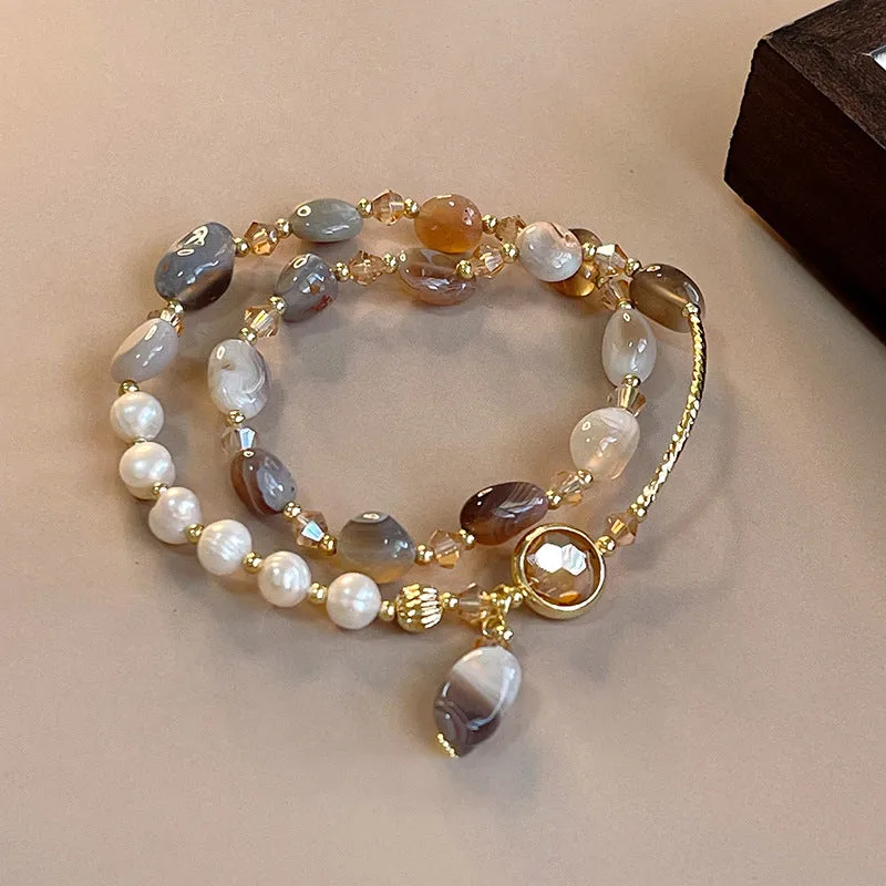 Wholesale Tide Elegant Pearl Crystal Jade Double Circle Bracelet Niche Personality Bracelet Fashion High Sense Bracelet