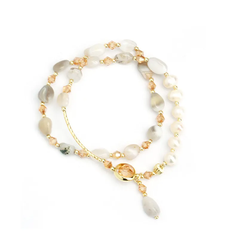 Wholesale Tide Elegant Pearl Crystal Jade Double Circle Bracelet Niche Personality Bracelet Fashion High Sense Bracelet