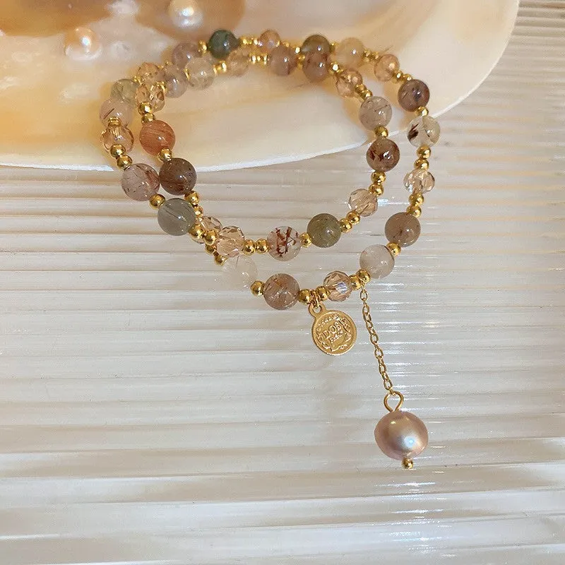 Wholesale Tide Elegant Pearl Crystal Jade Double Circle Bracelet Niche Personality Bracelet Fashion High Sense Bracelet
