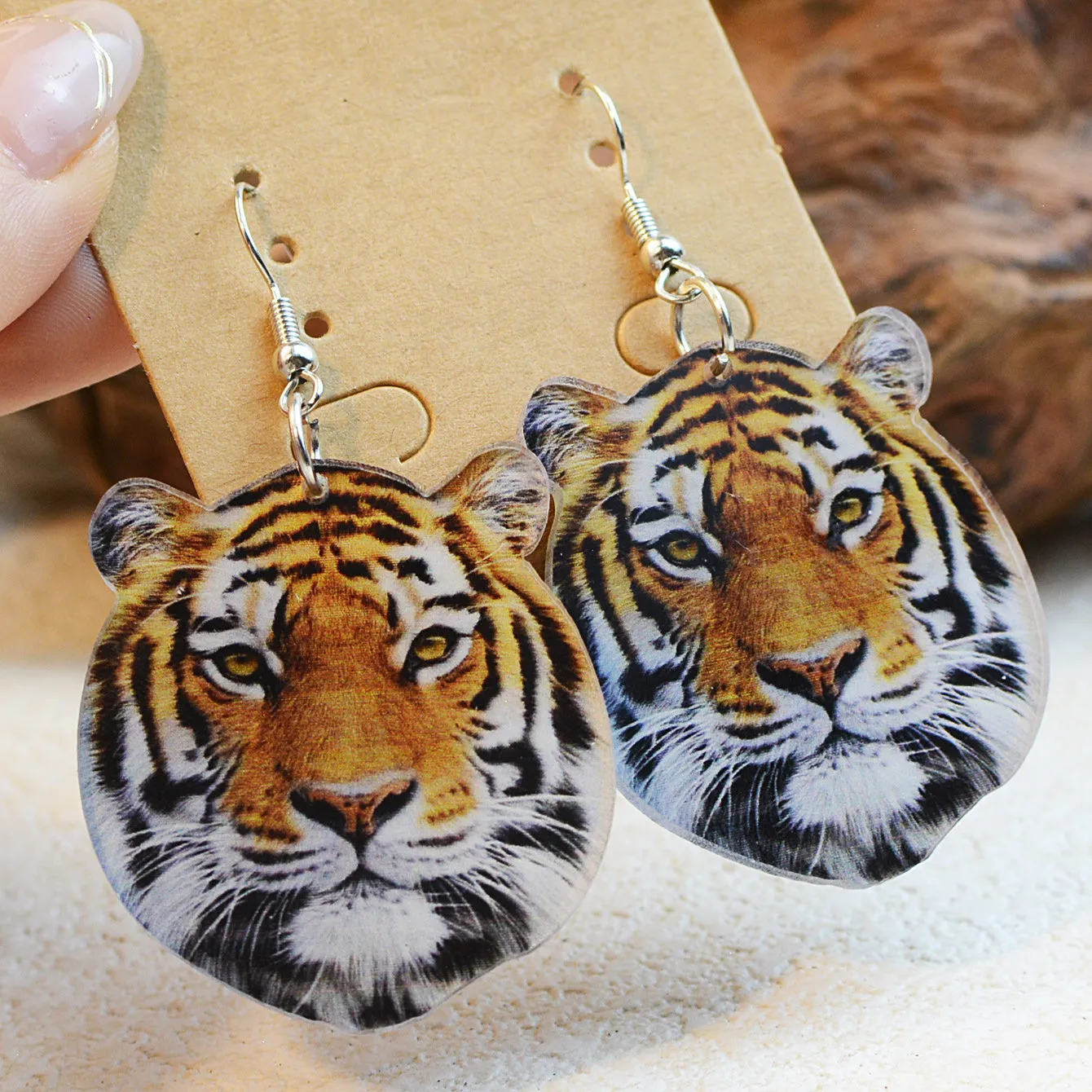 Wholesale Tiger Head Double Sided Printed Leather Earrings