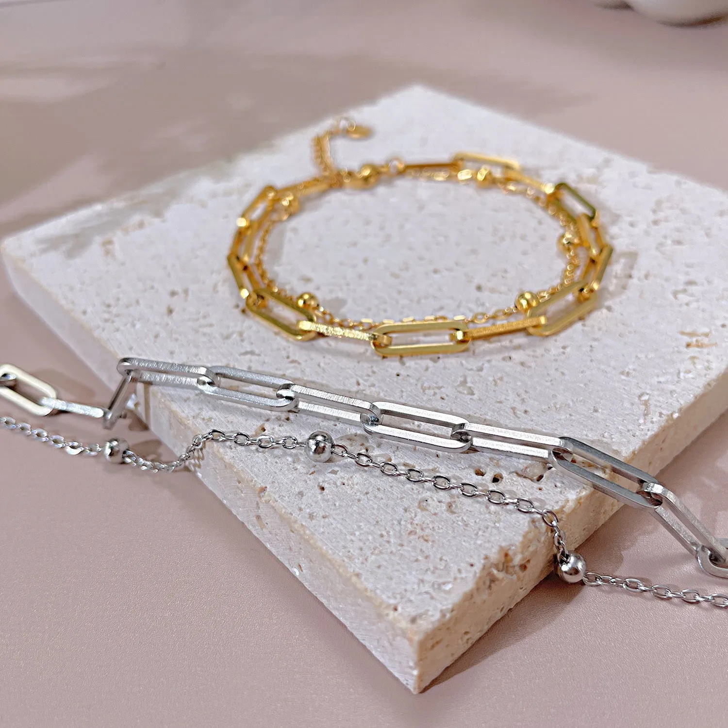 Wholesale Titanium Steel Paper Clip Ball Double Layer Bracelet