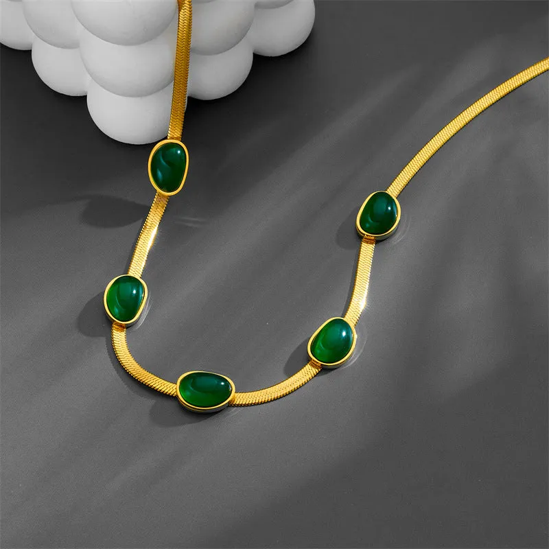 Wholesale Titanium Steel Vintage Emerald Flat Snake Chain Necklace