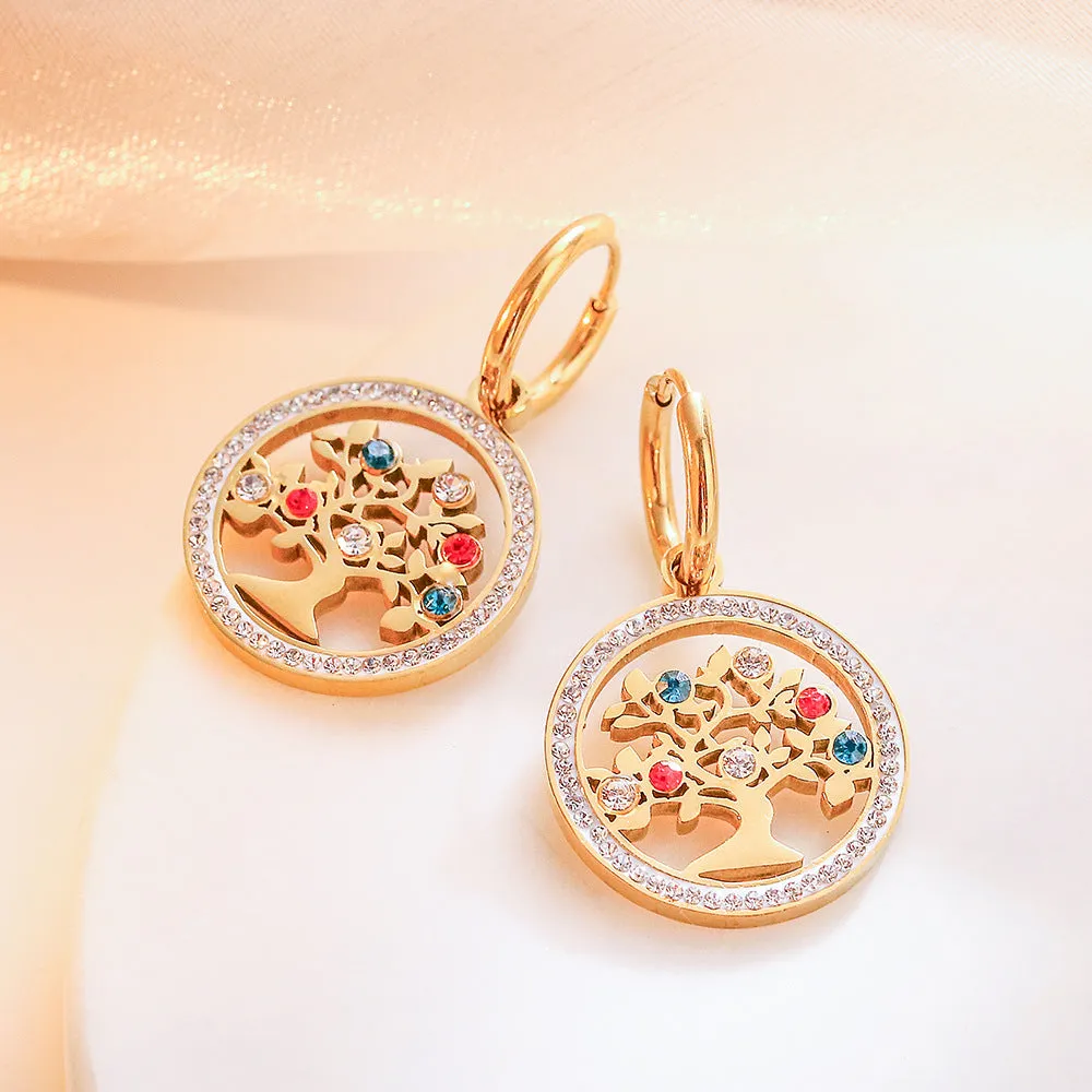 Wholesale Titanium Steel Zircon Rose Heart Pendant Tree of Life Earrings