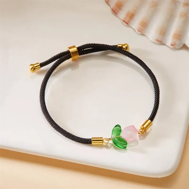 Wholesale Tulip bracelet black and red rope a pair of pull-out flower adjustable flower bracelet