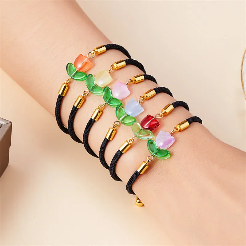 Wholesale Tulip bracelet black and red rope a pair of pull-out flower adjustable flower bracelet