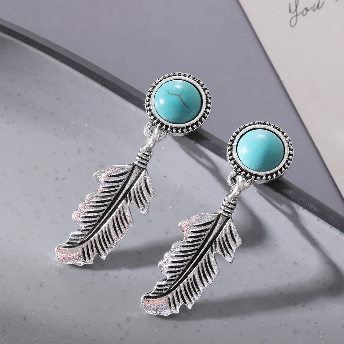 Wholesale Turquoise Alloy Feather Earrings