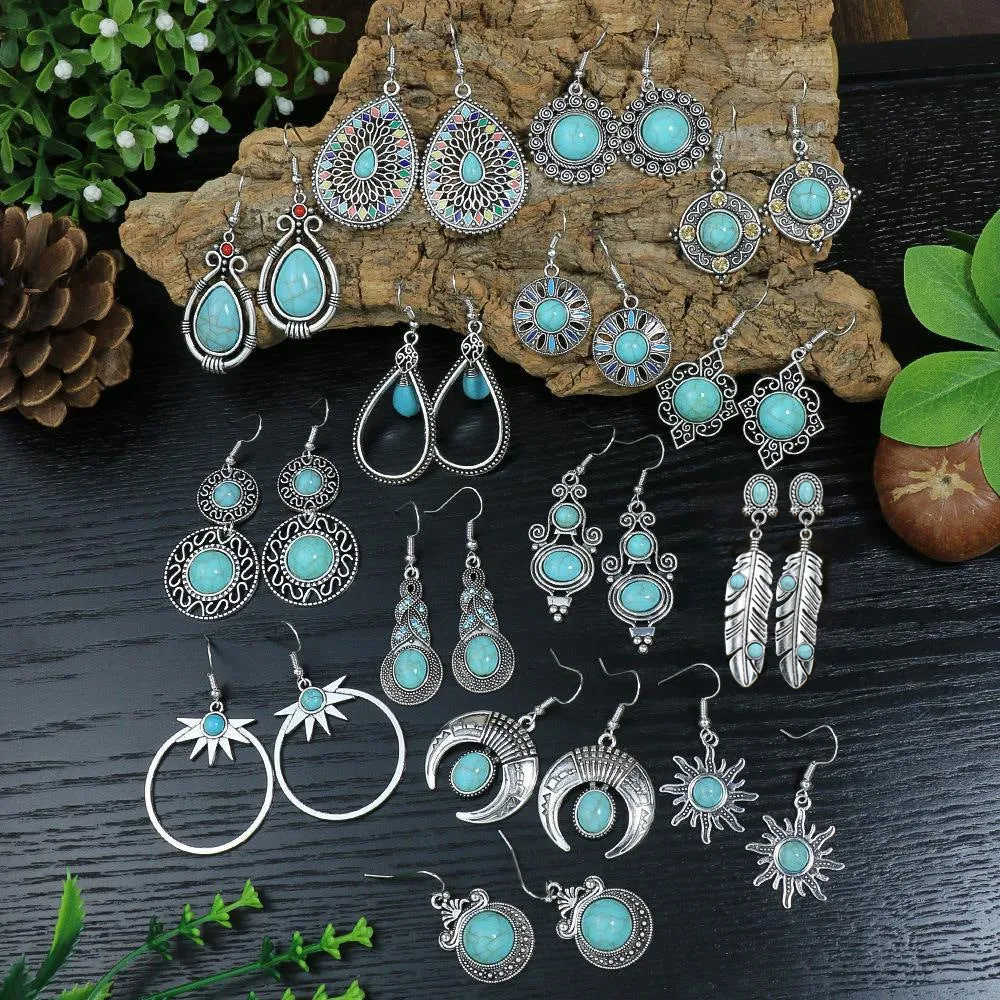 Wholesale Turquoise Bohemian Tassel Geometric Alloy Vintage Earrings