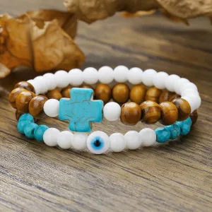 Wholesale Turquoise Cross Bracelet Wood Beads Porcelain Jade Beads Bracelet