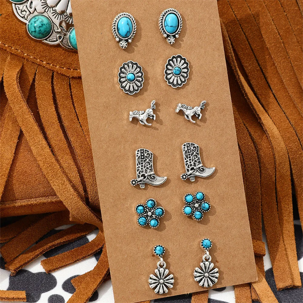 Wholesale Turquoise Western Style Retro Bull Head Boots Moon Heart Shape Zinc Alloy Stud Earring Set