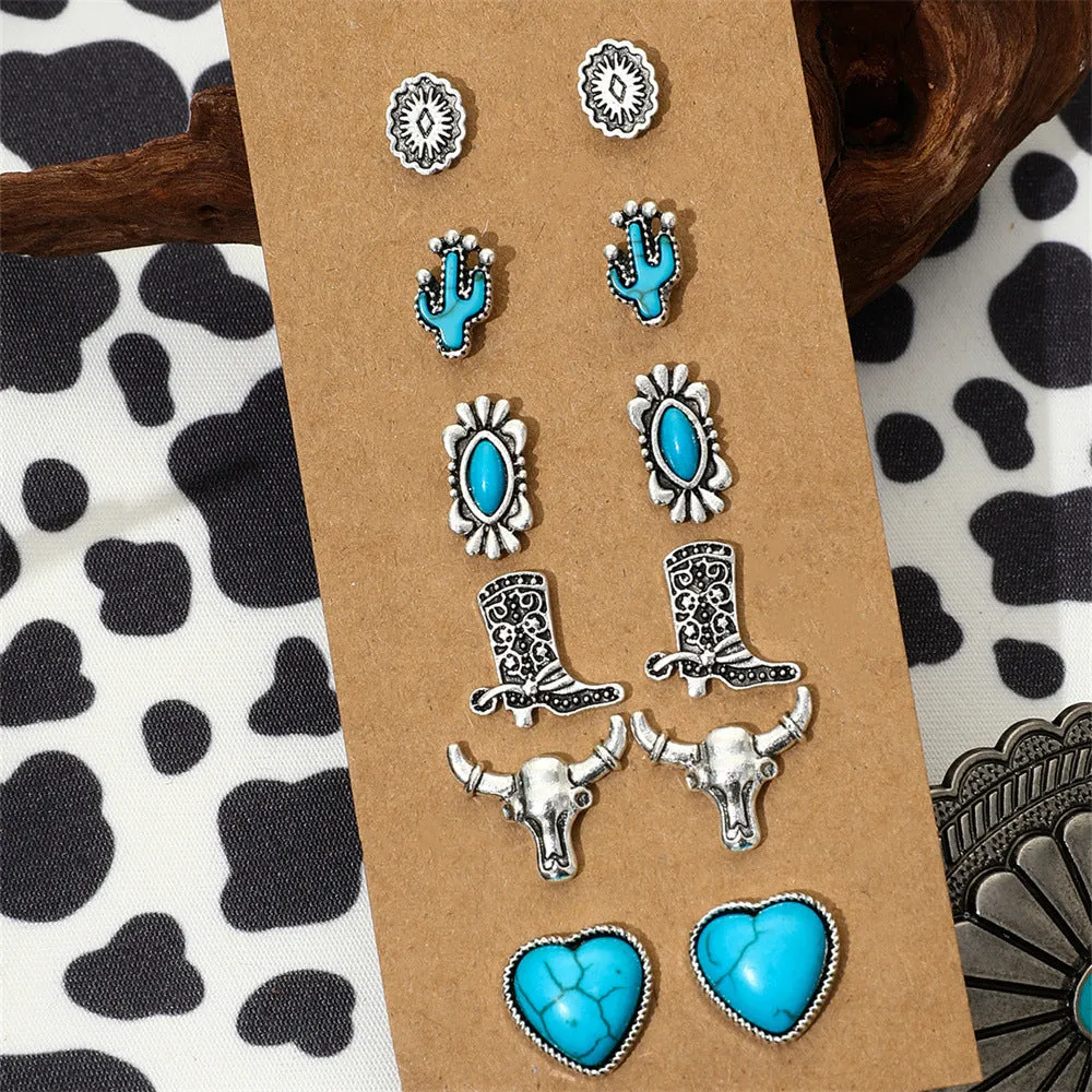 Wholesale Turquoise Western Style Retro Bull Head Boots Moon Heart Shape Zinc Alloy Stud Earring Set