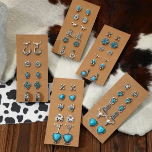 Wholesale Turquoise Western Style Retro Bull Head Boots Moon Heart Shape Zinc Alloy Stud Earring Set