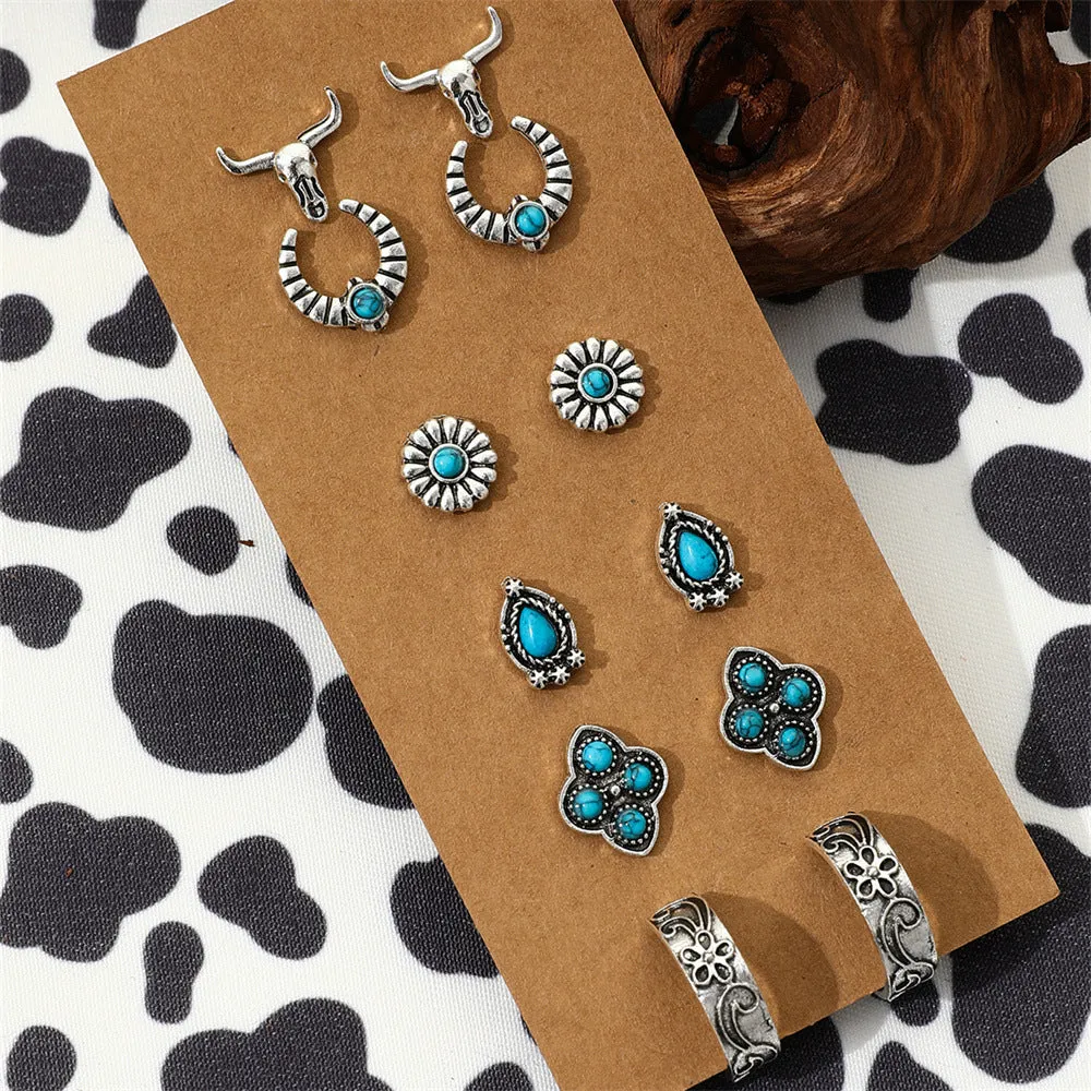 Wholesale Turquoise Western Style Retro Bull Head Boots Moon Heart Shape Zinc Alloy Stud Earring Set