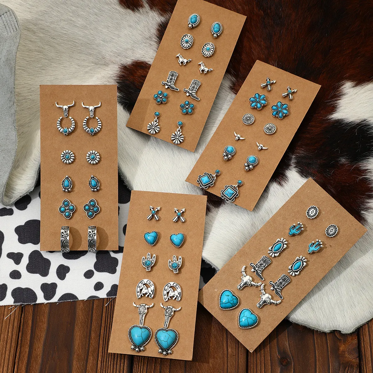Wholesale Turquoise Western Style Retro Bull Head Boots Moon Heart Shape Zinc Alloy Stud Earring Set