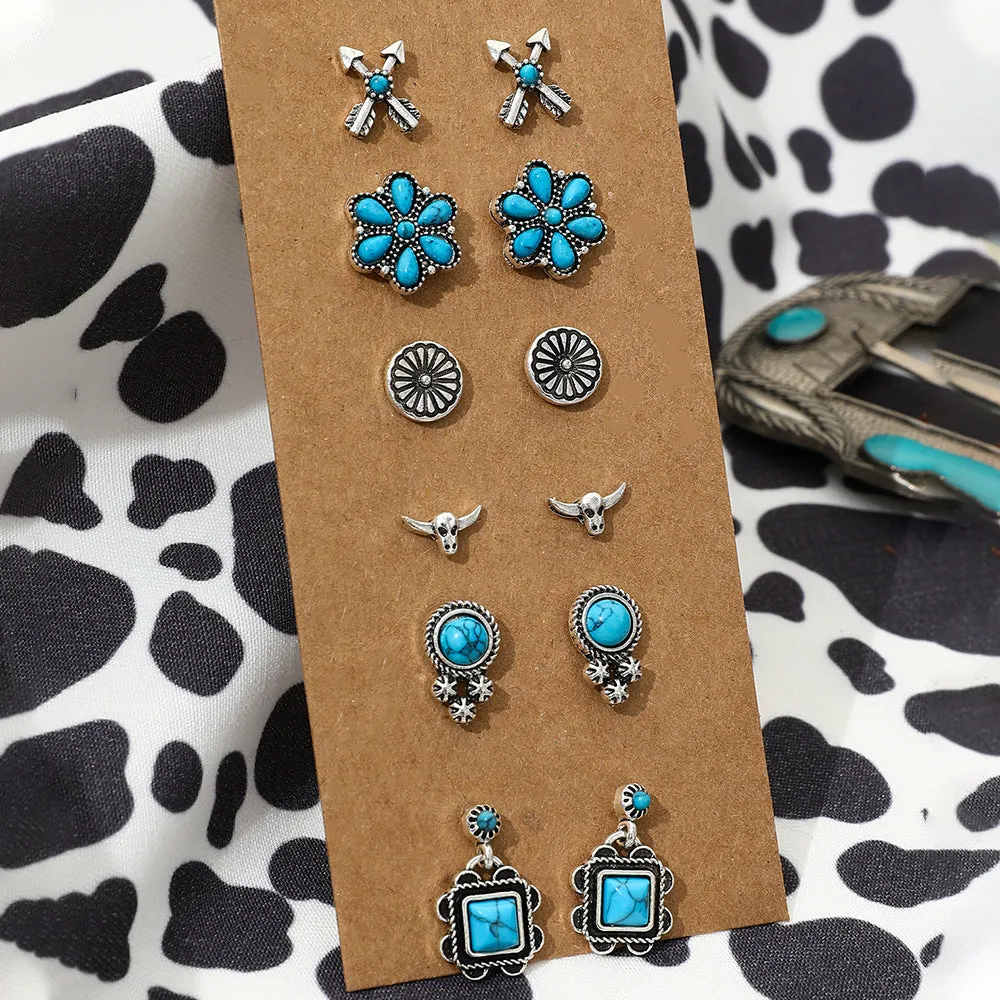 Wholesale Turquoise Western Style Retro Bull Head Boots Moon Heart Shape Zinc Alloy Stud Earring Set