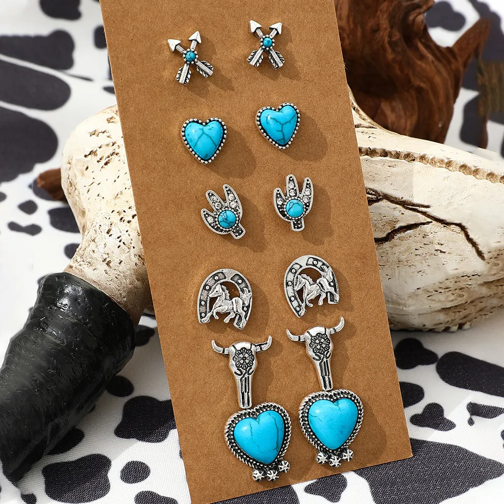 Wholesale Turquoise Western Style Retro Bull Head Boots Moon Heart Shape Zinc Alloy Stud Earring Set