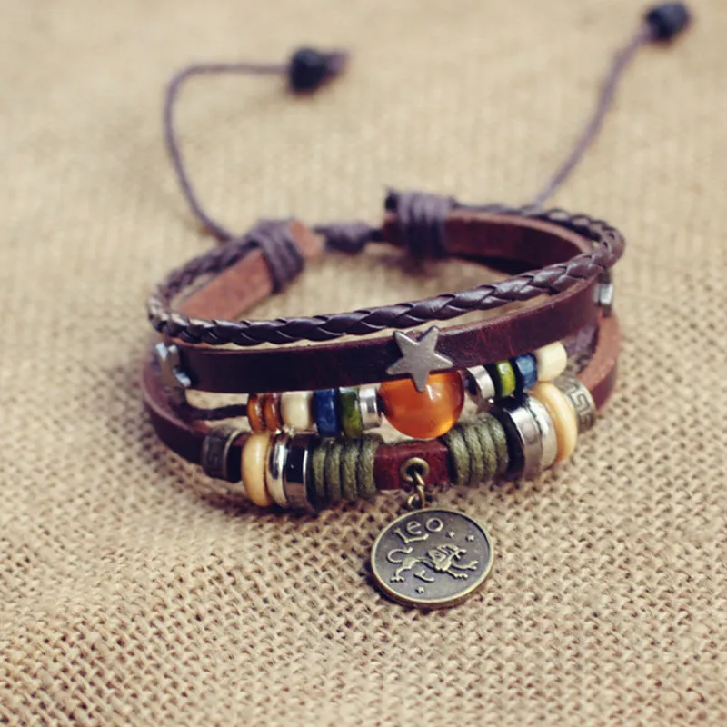 Wholesale Twelve Constellation Agate Punk Vintage Rivet Jewelry Multi-layer Bracelet