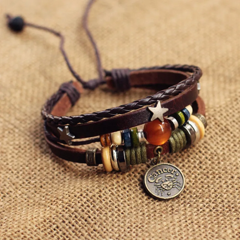 Wholesale Twelve Constellation Agate Punk Vintage Rivet Jewelry Multi-layer Bracelet