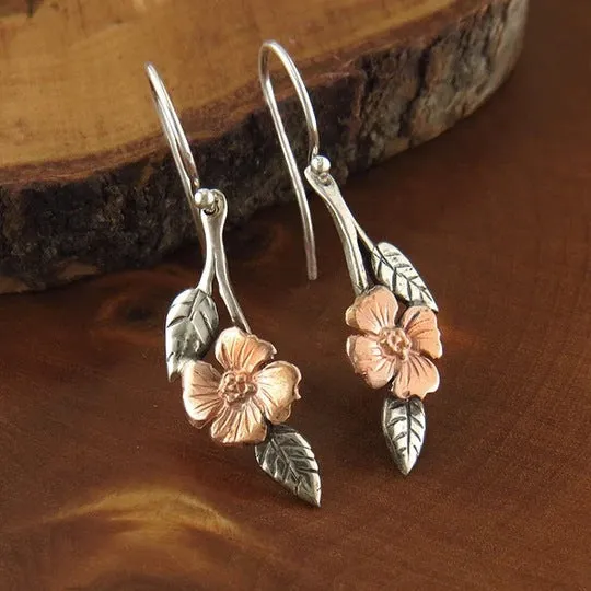 Wholesale Two-tone Rose Gold Flower Leaf Alloy Earrings