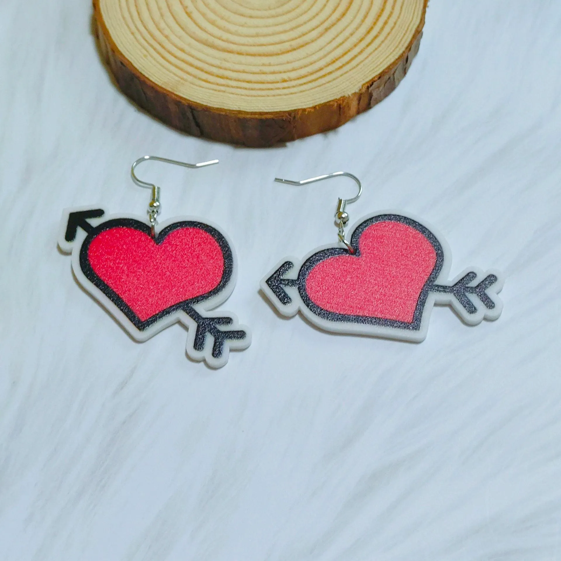 Wholesale Valentine's Day Acrylic Printed Heart Double Sided Hollow Flower Earrings