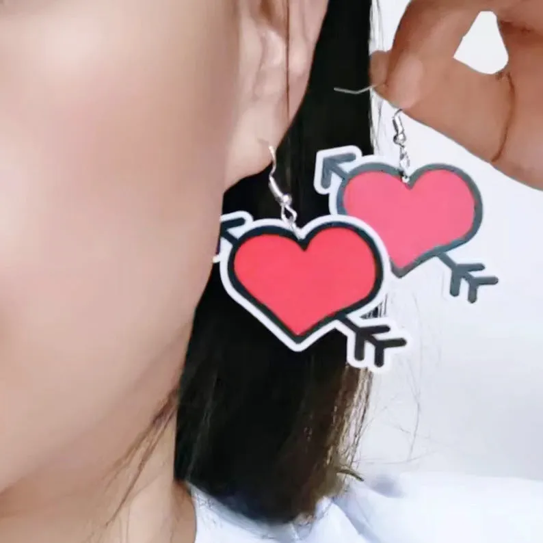 Wholesale Valentine's Day Acrylic Printed Heart Double Sided Hollow Flower Earrings