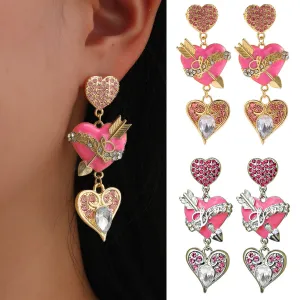 Wholesale Valentine's Day Alloy Oil Drop Diamond Pink Love Earrings