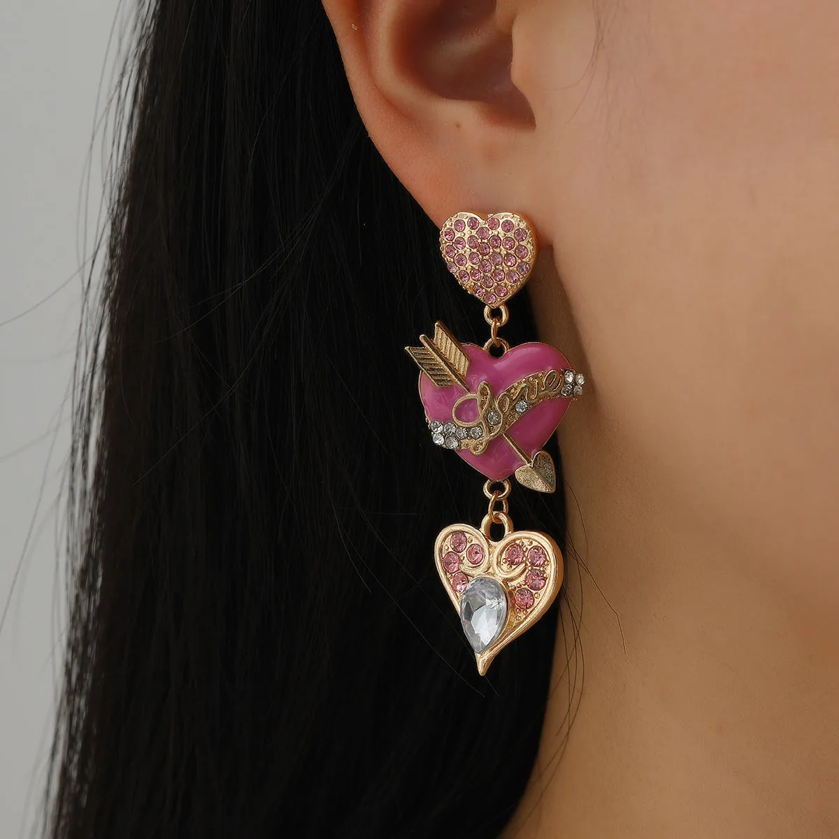 Wholesale Valentine's Day Alloy Oil Drop Diamond Pink Love Earrings