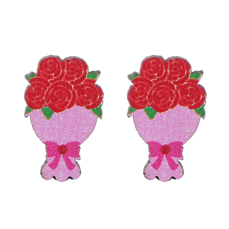 Wholesale Valentine's Day Bear Flowers Red Lips Cartoon Cake Wooden Earrings