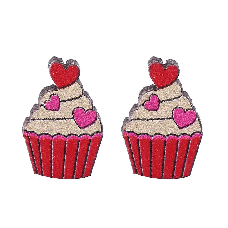 Wholesale Valentine's Day Bear Flowers Red Lips Cartoon Cake Wooden Earrings