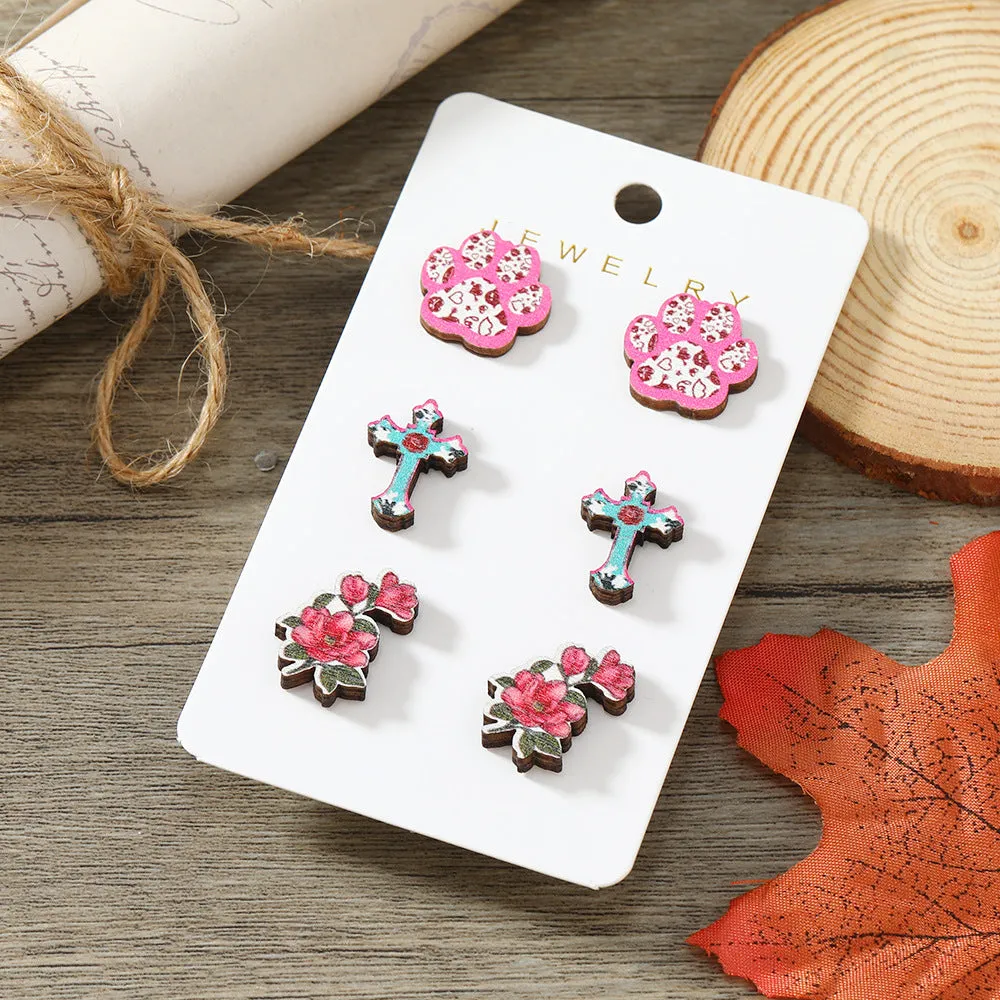 Wholesale Valentine's Day Cat Claw Cross Rose Wooden Earrings