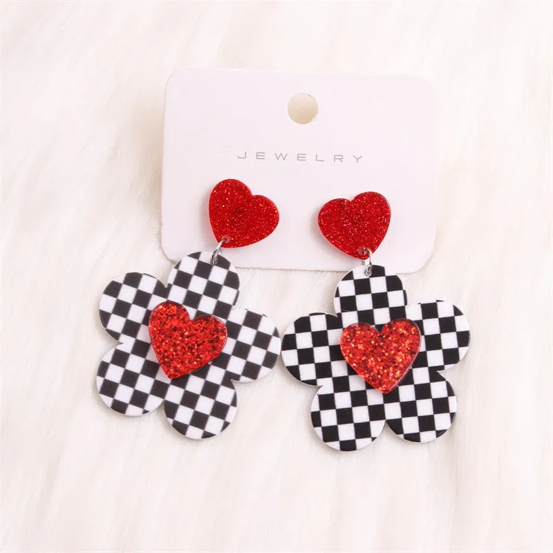 Wholesale Valentine's Day Checkerboard Flower Love Rose Red Lip Acrylic Earrings