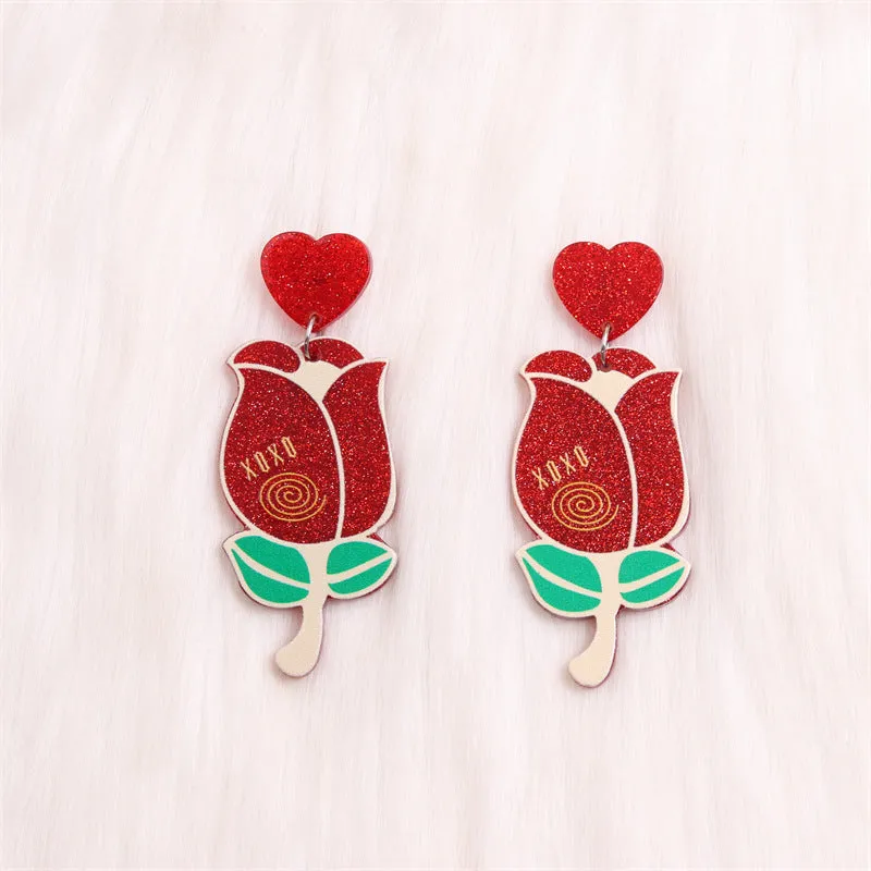 Wholesale Valentine's Day Checkerboard Flower Love Rose Red Lip Acrylic Earrings