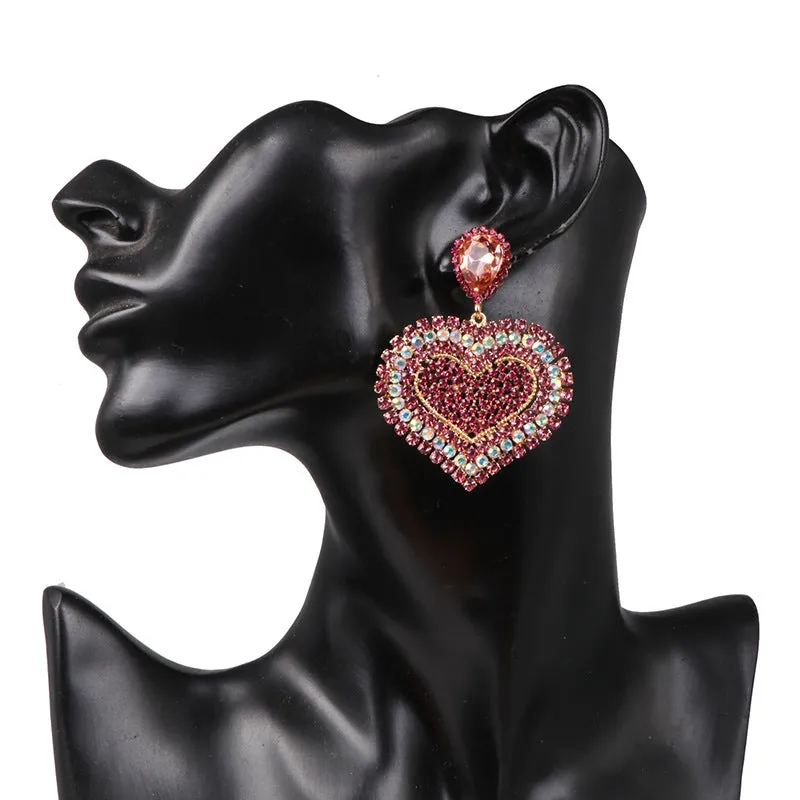 Wholesale Valentine's Day Colored Diamond Heart Alloy Earrings