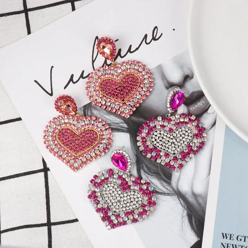 Wholesale Valentine's Day Colored Diamond Heart Alloy Earrings