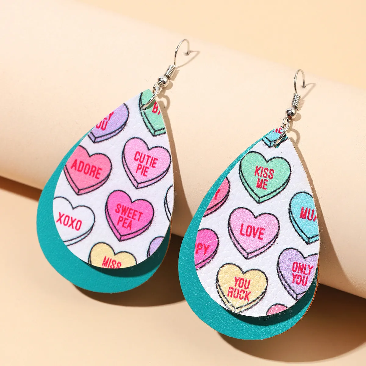 Wholesale Valentine's Day Colorful Love Letters Leather Double Layer Drop Shape Earrings
