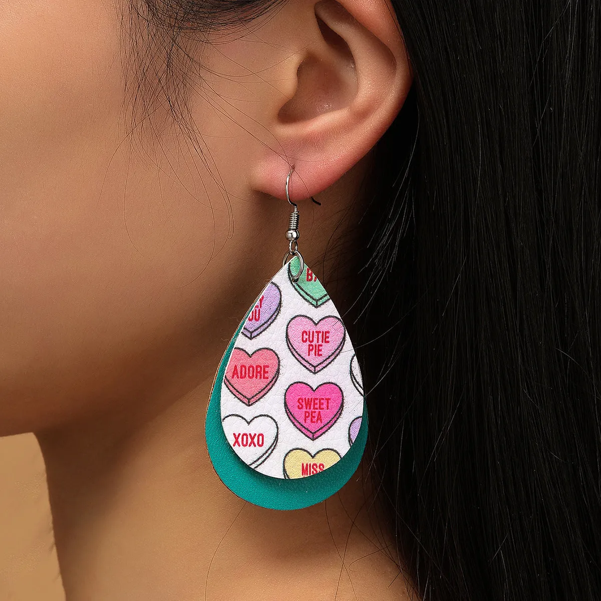 Wholesale Valentine's Day Colorful Love Letters Leather Double Layer Drop Shape Earrings