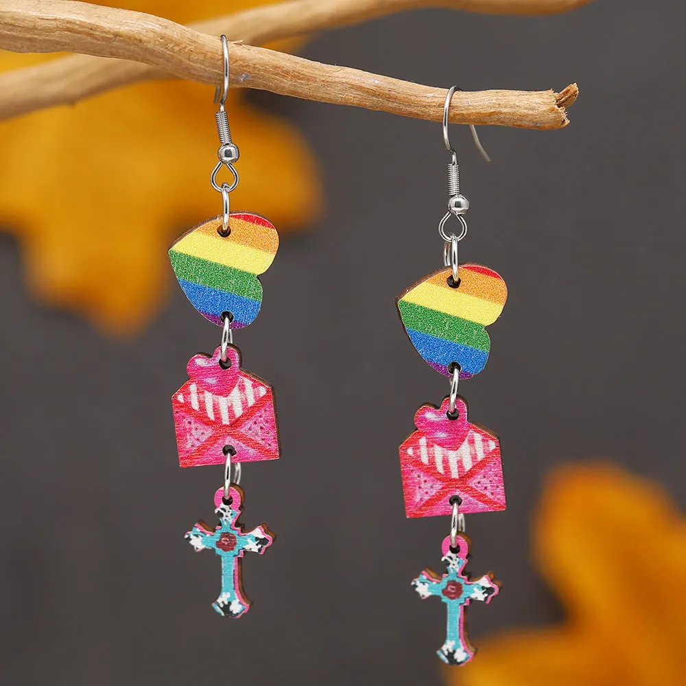 Wholesale Valentine's Day Colorful Printed Love Cross Pendant Wooden Earrings