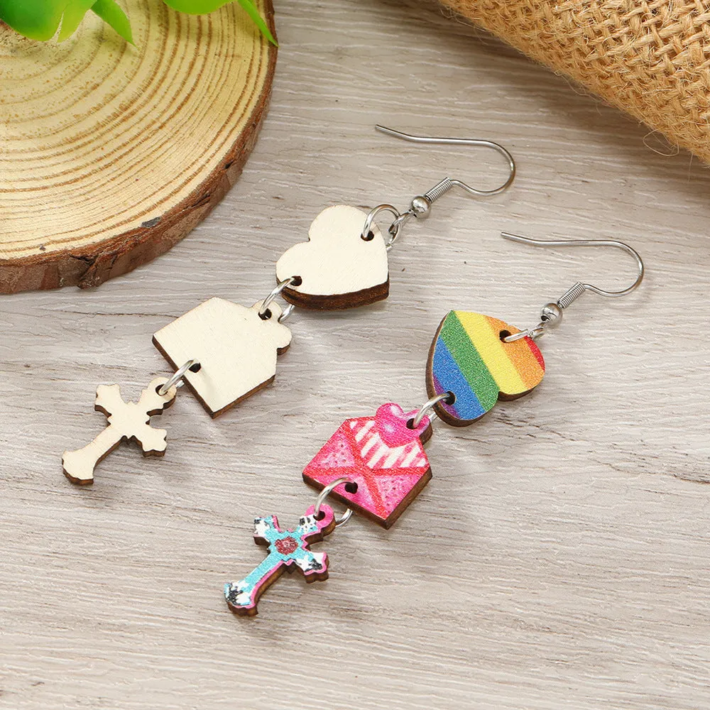 Wholesale Valentine's Day Colorful Printed Love Cross Pendant Wooden Earrings