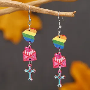 Wholesale Valentine's Day Colorful Printed Love Cross Pendant Wooden Earrings