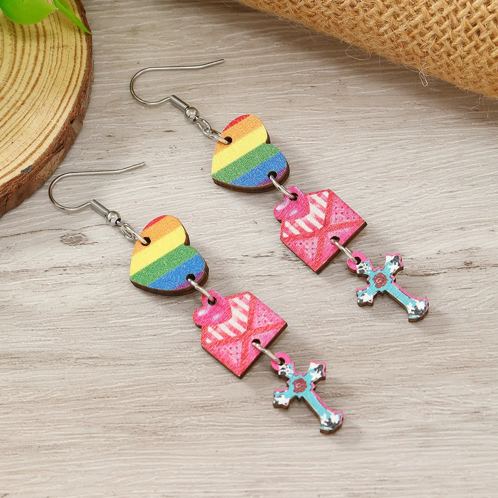 Wholesale Valentine's Day Colorful Printed Love Cross Pendant Wooden Earrings