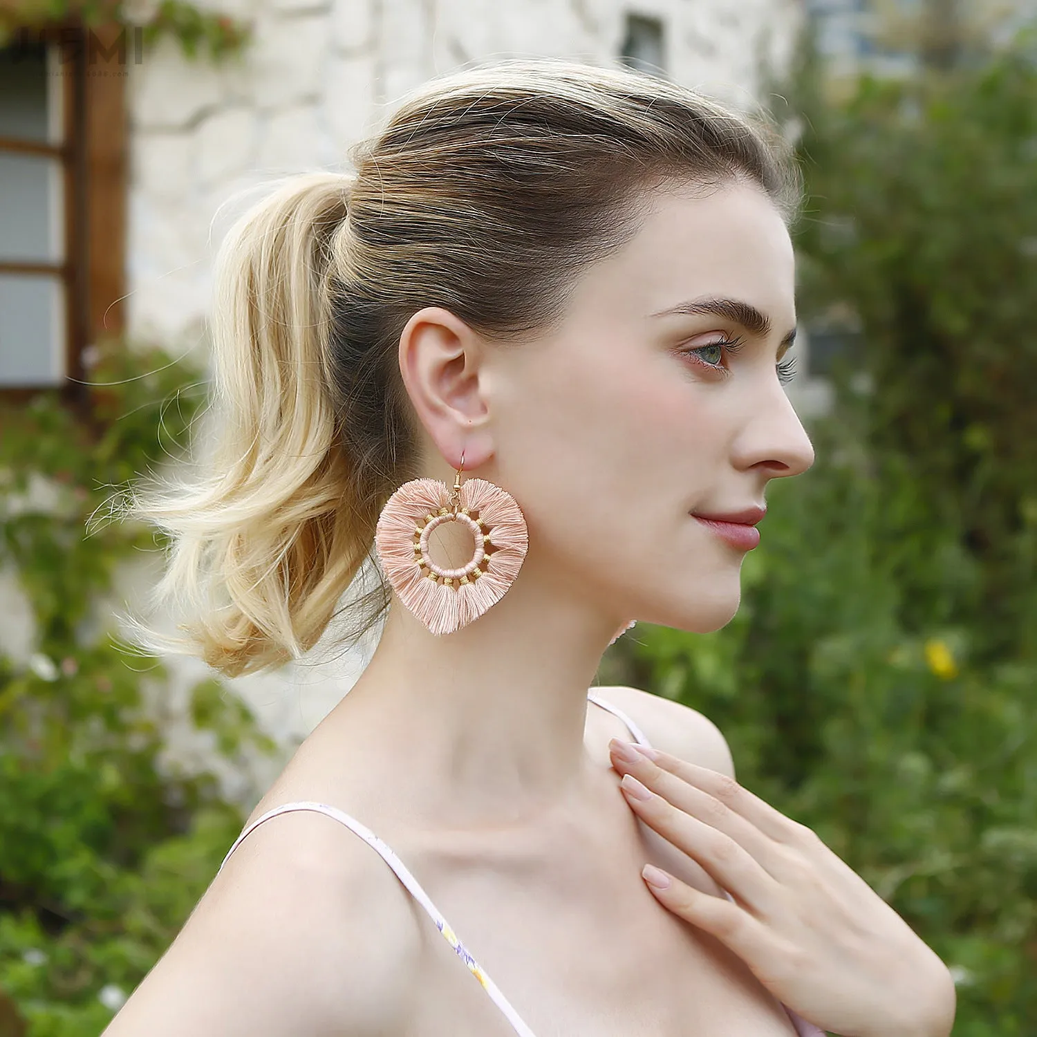 Wholesale Valentine's Day Cotton Thread Peach Heart Tassel Earrings