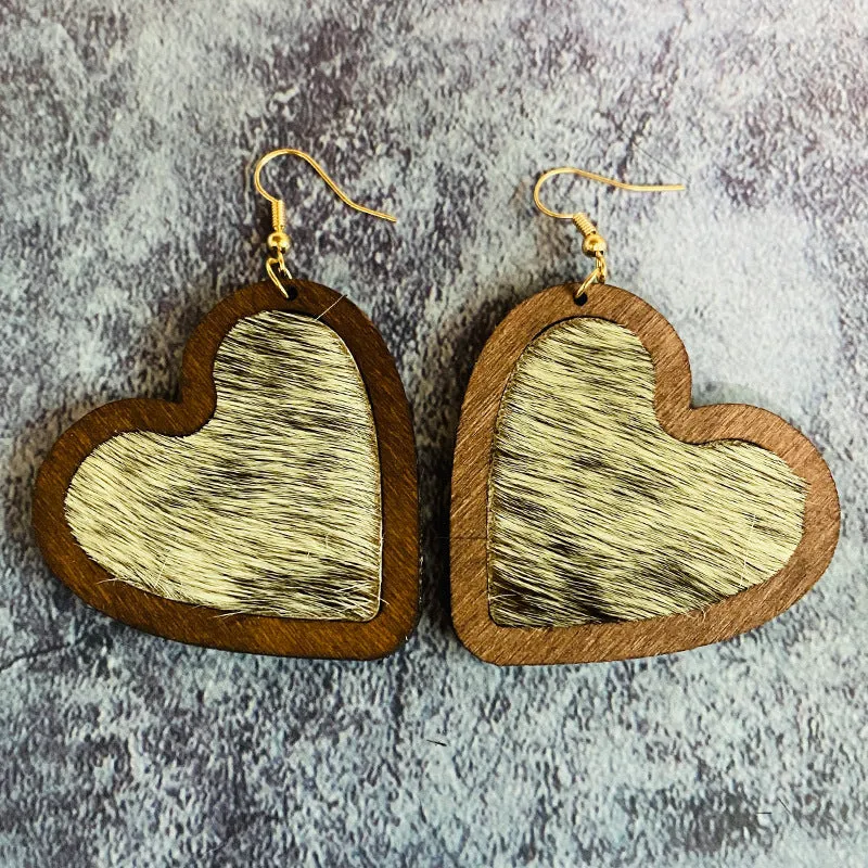 Wholesale Valentine's Day Genuine Leather Heart Leopard Print Horsehair Inlaid with Wooden Classic Retro Earrings