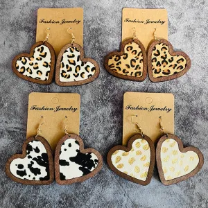 Wholesale Valentine's Day Genuine Leather Heart Leopard Print Horsehair Inlaid with Wooden Classic Retro Earrings