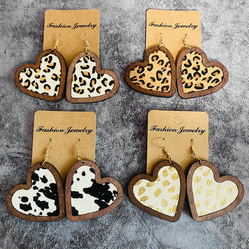 Wholesale Valentine's Day Genuine Leather Heart Leopard Print Horsehair Inlaid with Wooden Classic Retro Earrings