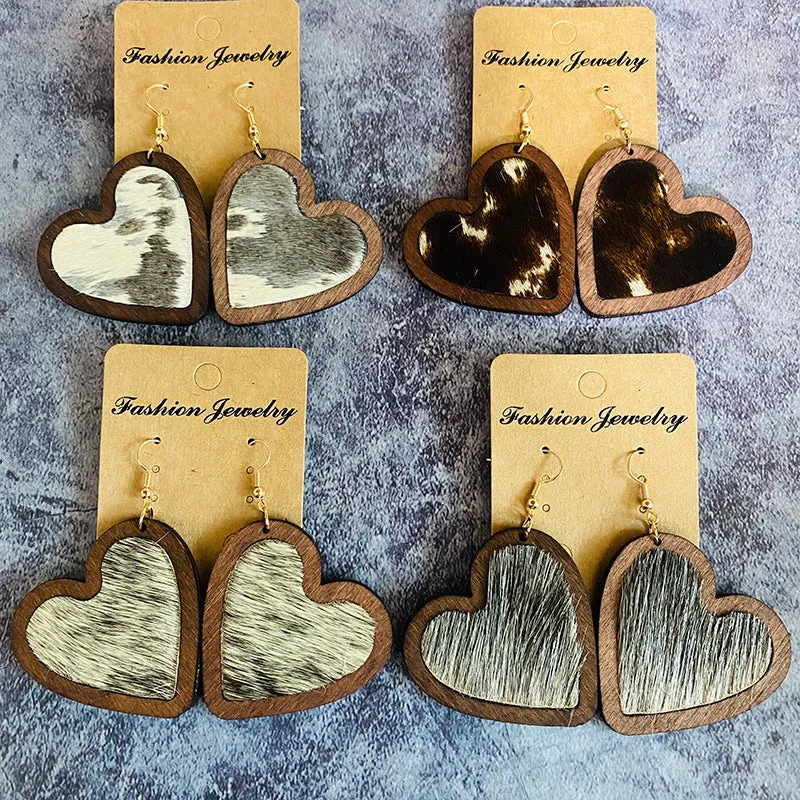 Wholesale Valentine's Day Genuine Leather Heart Leopard Print Horsehair Inlaid with Wooden Classic Retro Earrings