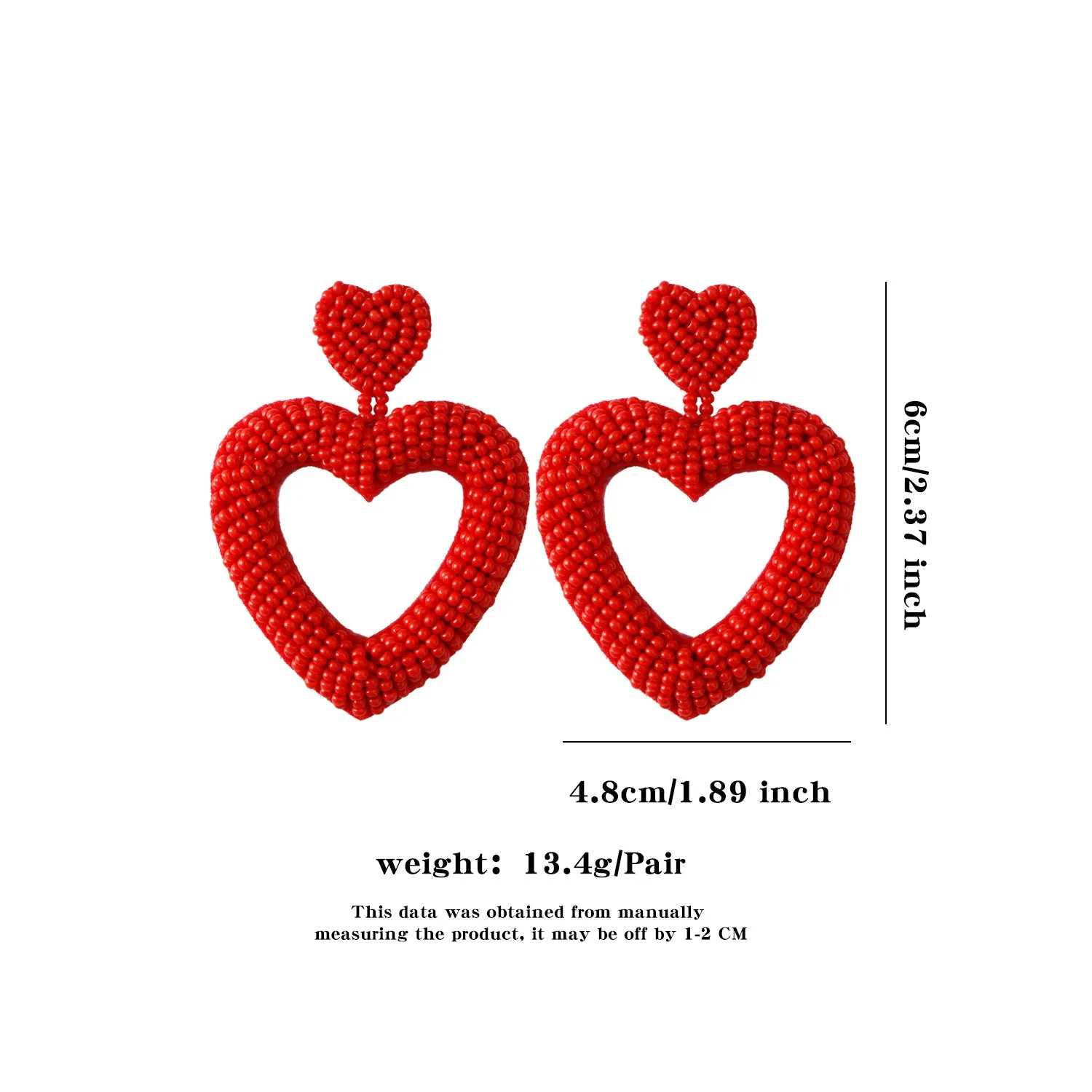 Wholesale Valentine's Day Handwoven Heart Shape Rice Beads Red Earrings